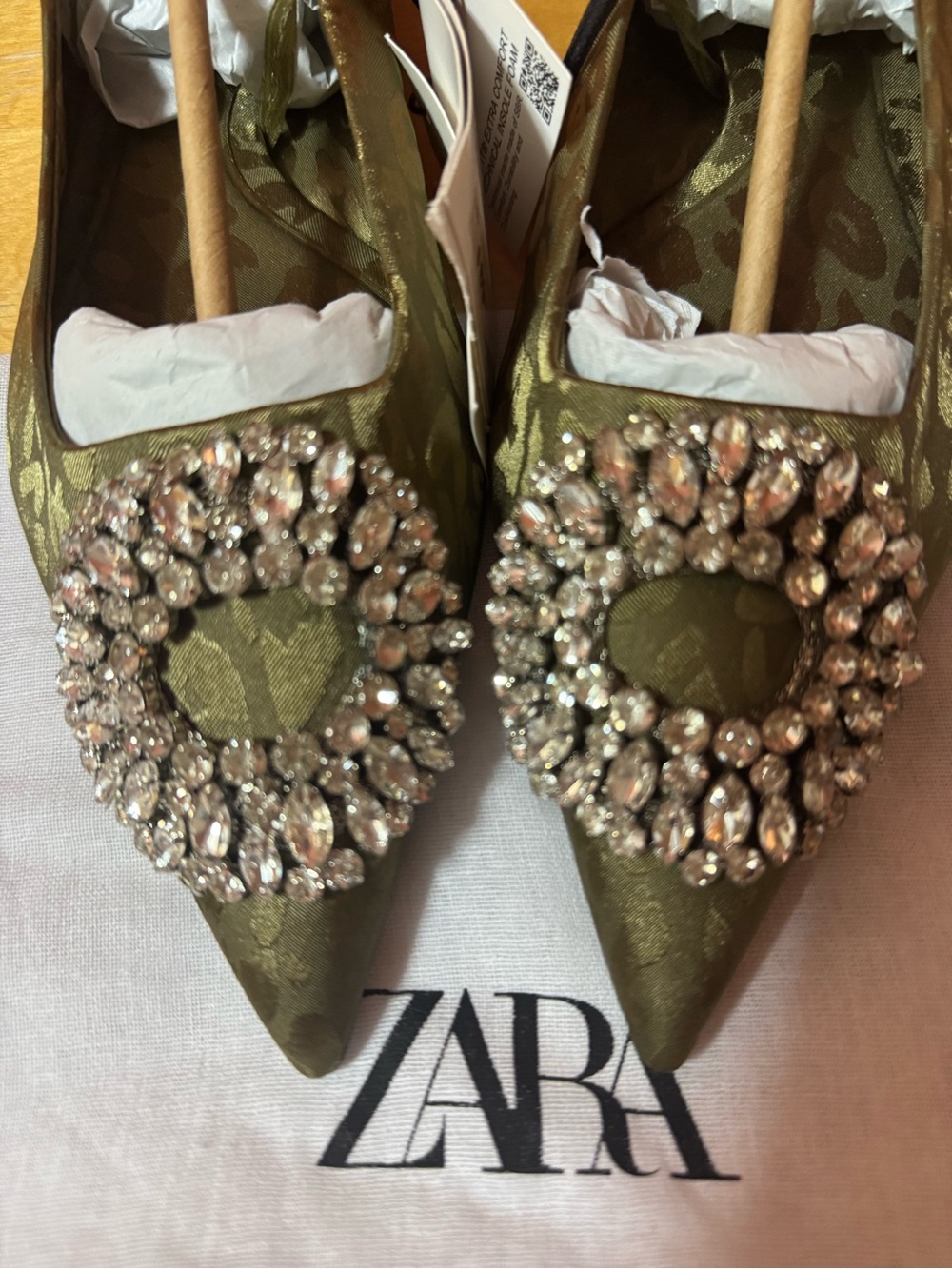 NEW ZARA Olive Green Leopard Print Pointed Toe Flats with Crystal Circular Vamp